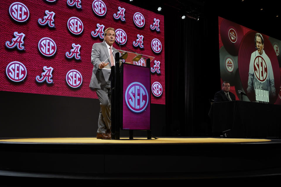 Alabama head coach Nick Saban speaks during NCAA college football Southeastern Conference Media Days, Wednesday, July 19, 2023, in Nashville, Tenn. (AP Photo/George Walker IV)