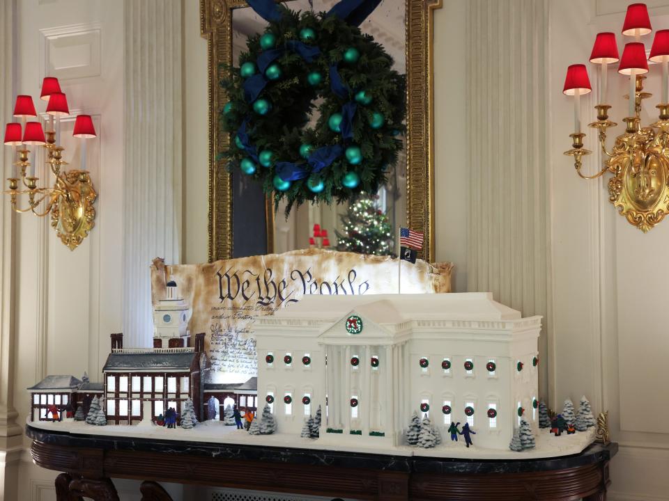 The 2022 Gingerbread White House is on display in the State Dining Room of the White House during a press preview of the holiday décor on November 28, 2022 in Washington, DC.