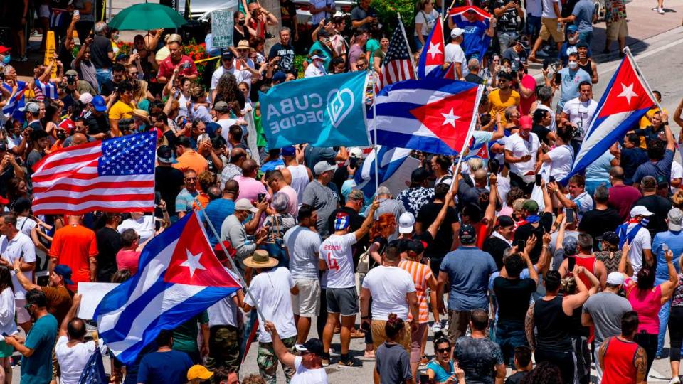 Thousands of people showed up Sunday on Southwest Eighth Street near Versailles Restaurant in support of anti-government protests in Cuba.