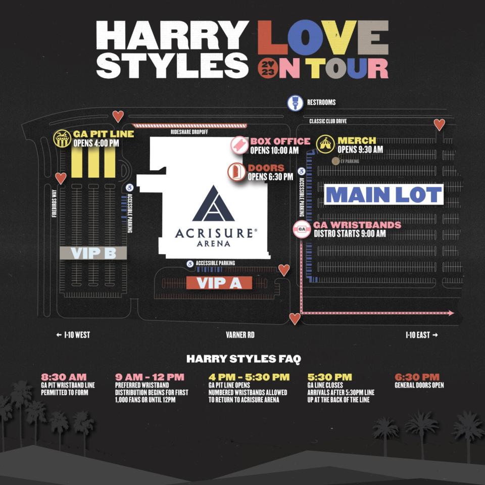 A map of Acrisure Arena for the Harry Styles "Love on Tour" concerts.