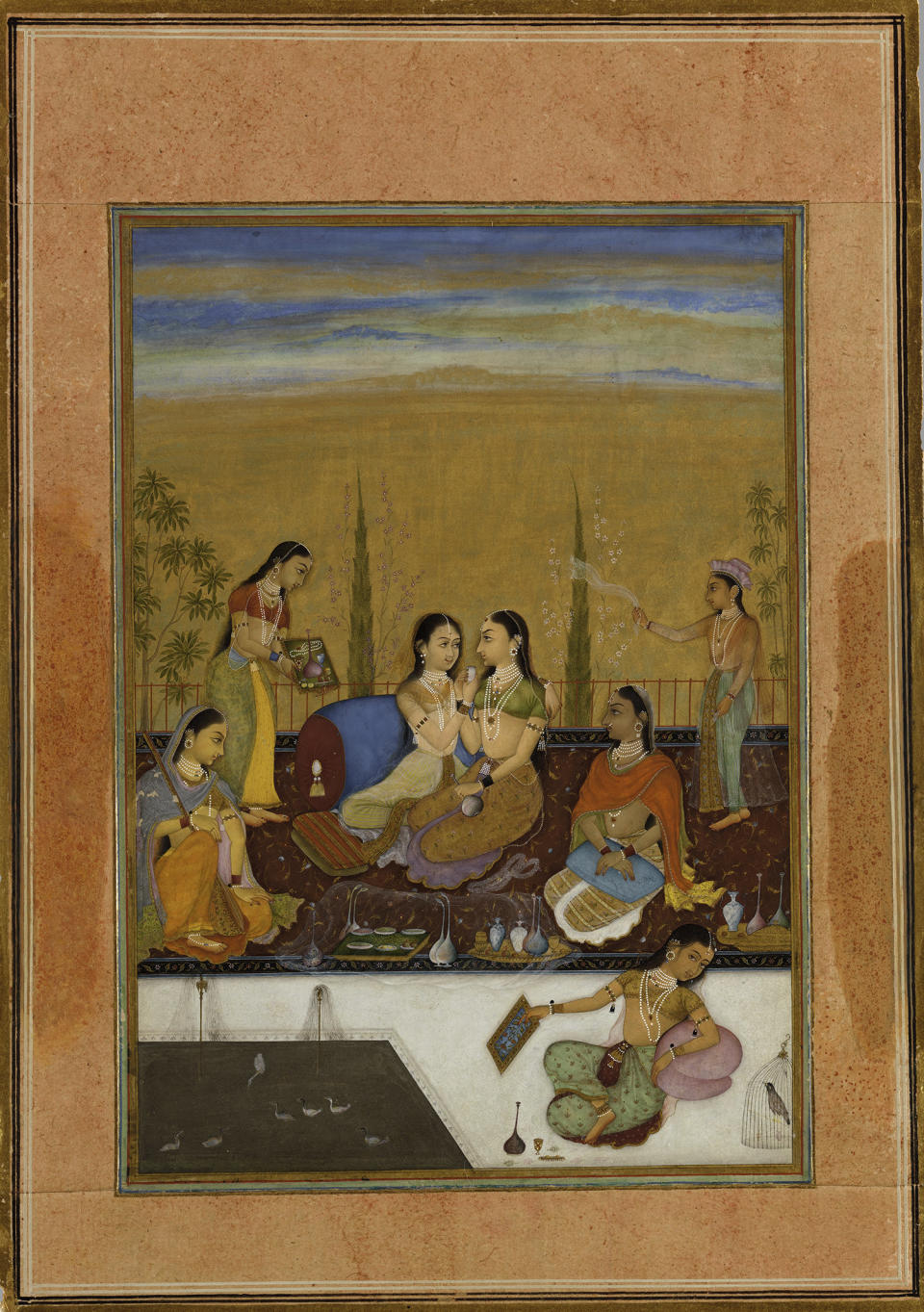 <strong>Ladies on a Terrace.</strong>&nbsp;Painted by the artist Ruknuddin (active ca. 1650&ndash;ca.&nbsp;1697)&nbsp;Rajasthan, kingdom of Bikaner, dated 1675&nbsp;Opaque watercolor, black ink, and gold on paper; wide&nbsp;light brown border with variously colored inner rules;&nbsp;painting 7 5/8 x 5 5/16 in. (19.4 x 13.5 cm),&nbsp;Promised Gift of the Kronos Collections, 2015