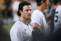 New York Yankees starting pitcher Gerrit Cole stands in the dugout during the seventh inning of the team's baseball game against the Detroit Tigers on Friday, June 3, 2022, in New York. (AP Photo/Frank Franklin II)