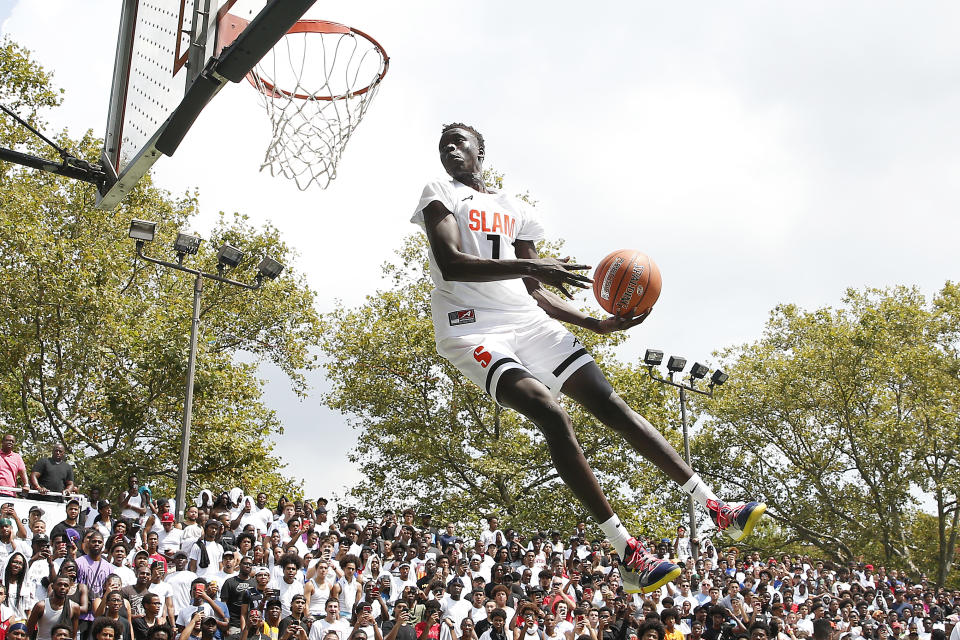 NEW YORK, NEW YORK - AUGUST 18:  Jimma Gatwech of Team Jimma dunks prior to the SLAM Summer Classic 2019 at Dyckman Park on August 18, 2019 in New York City. (Photo by Michael Reaves/Getty Images)