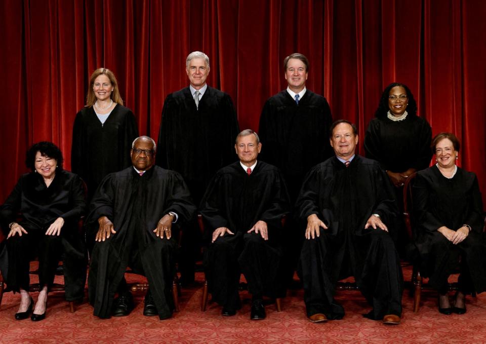 PHOTO: U.S. Supreme Court justices pose for their group portrait at the Supreme Court in Washington, Oct. 7, 2022. (Evelyn Hockstein/Reuters)