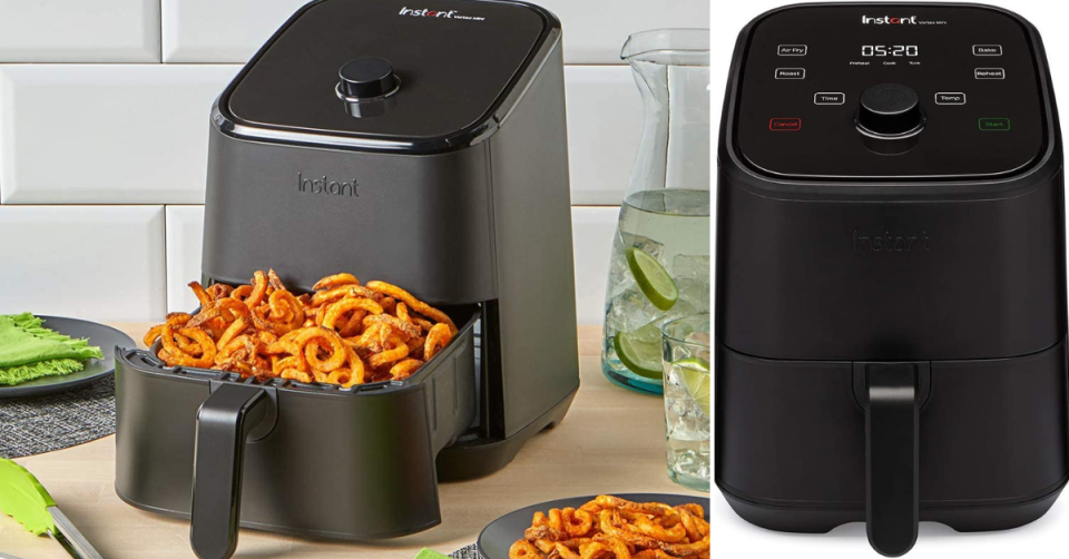 Instant Vortex Mini Air Fryer with curly fries in the drawer and adjacent the Vortex Mini on a white background