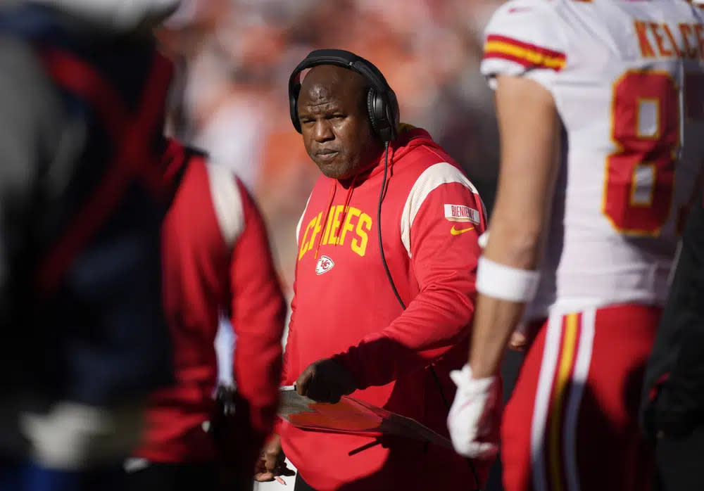 Kansas City Chiefs offensive coordinator Eric Bieniemy watches during the first half of the team’s NFL football game against the Denver Broncos on Dec. 11, 2022, in Denver. (AP Photo/David Zalubowski, File)