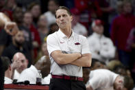 FILE - In this Jan. 18, 2020, file photo, Arkansas coach Eric Musselman reacts after a call during the second half of an NCAA college basketball game against Kentucky in Fayetteville, Ark. College coaches endured a tense time waiting for for the NCAA to green light the 2020 basketball season. They knew there was a window the NCAA was looking at to start the season, likely sometime in late November or early December. They just didn't have an exact date. So they did the best they could to prepare for the big moment, yet still found themselves in a scramble once it actually happened.(AP Photo/Michael Woods, File)