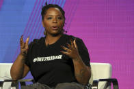 FILE - In this Feb. 11, 2019, file photo, Patrisse Cullors, Black Lives Matter co-founder, participates in the "Finding Justice" panel during the BET presentation at the Television Critics Association Winter Press Tour at The Langham Huntington in Pasadena, Calif. Proposed federal legislation that would radically transform the nation's criminal justice system through such changes as eliminating agencies like the Drug Enforcement Administration and the use of federal surveillance technology is set to be unveiled Tuesday, July 7, 2020, by the Movement for Black Lives. “We stand on the shoulders of giants and there has been 400 years of work that Black people have done to try to get us closer to freedom,” Cullors said. (Photo by Willy Sanjuan/Invision/AP, File)