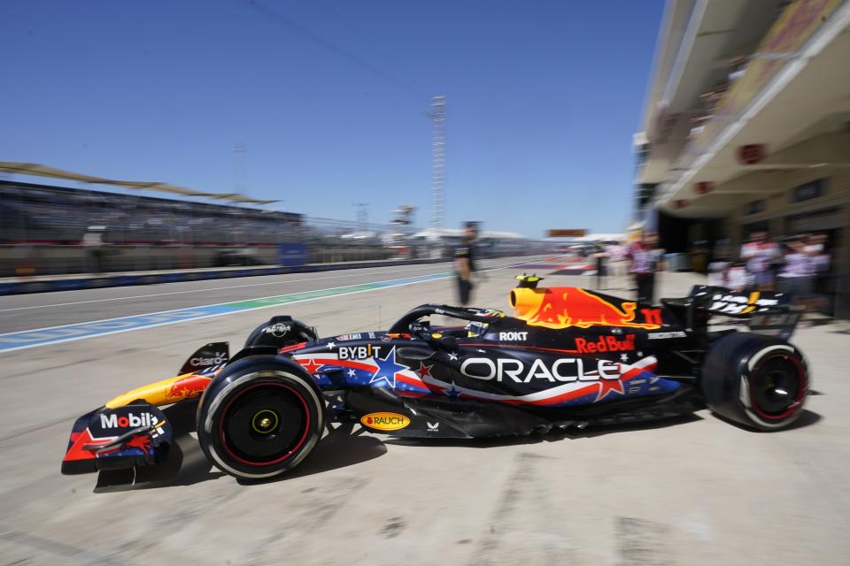 Red Bull driver Sergio Perez of Mexico leaves the pits during a practice session for the Formula One U.S. Grand Prix auto race at Circuit of the Americas, Friday, Oct. 20, 2023, in Austin, Texas. (AP Photo/Darron Cummings)