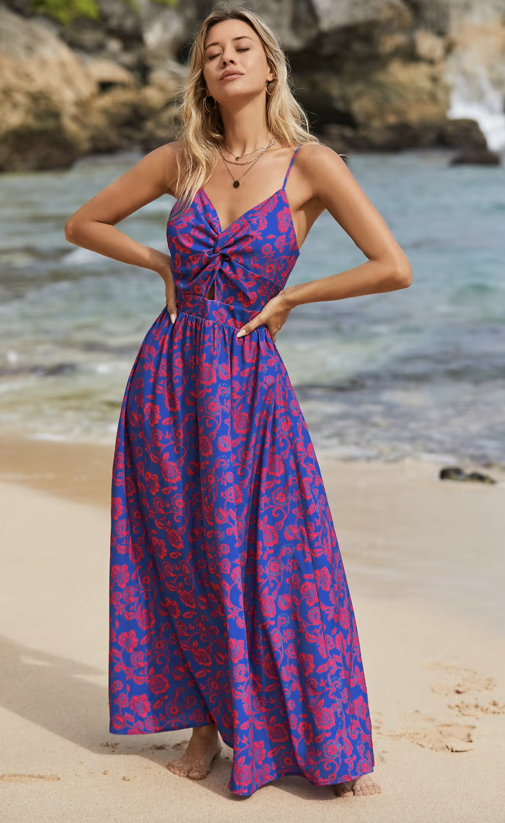 Cupshe Floral Print Knotted V-Neck Maxi Dress