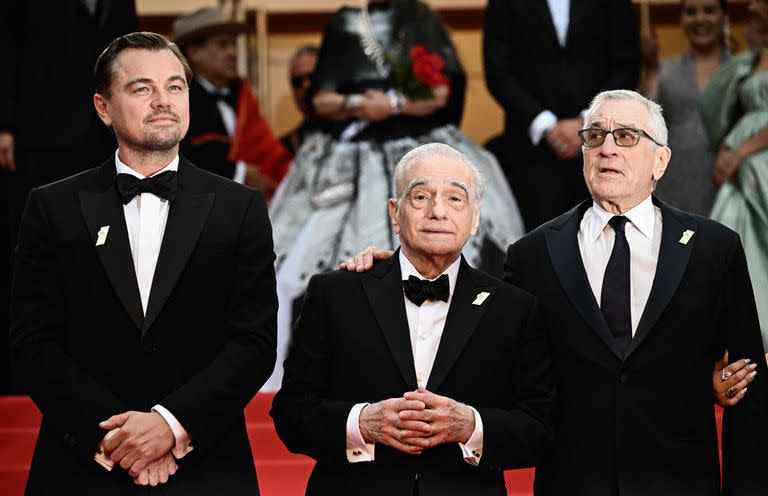 Martin Scorsese junto a sus actores Leonardo DiCaprio y Robert de Niro en la red carpet del Festival de Cine de Cannes con motivo de la presentación en sociedad de Killers of the Flowers Moon