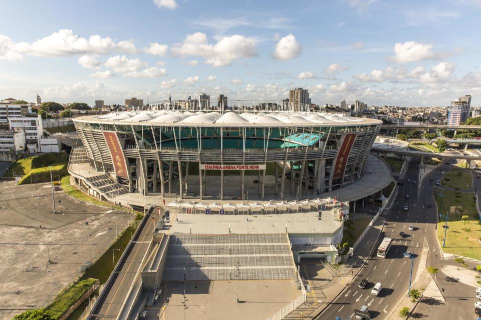 An aerial view of the Arena Fonte Nova in Salvador, Brazil. It has a capacity of 51,708 and will host six games of the tournament. (Daniel Alves/AP Photo/Portal da Copa)