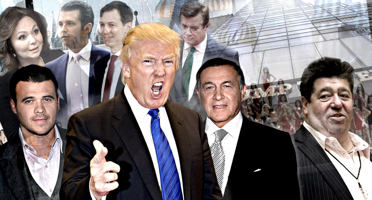 From left: Natalia Veselnitskaya, Emin Agalarov, Donald Trump Jr., Jared Kushner, Donald Trump, Paul Manafort, Aras Agalarov, Rob Goldstone. (Yahoo News photo illustration; photos: Yury Martyanov/AFP/Getty Images, Mark Lennihan/AP, AP, Ivan Sekretarev/AP, Ethan Miller/Getty Images, Maxim Shemetov/Reuters, Brendan McDermid/Reuters)