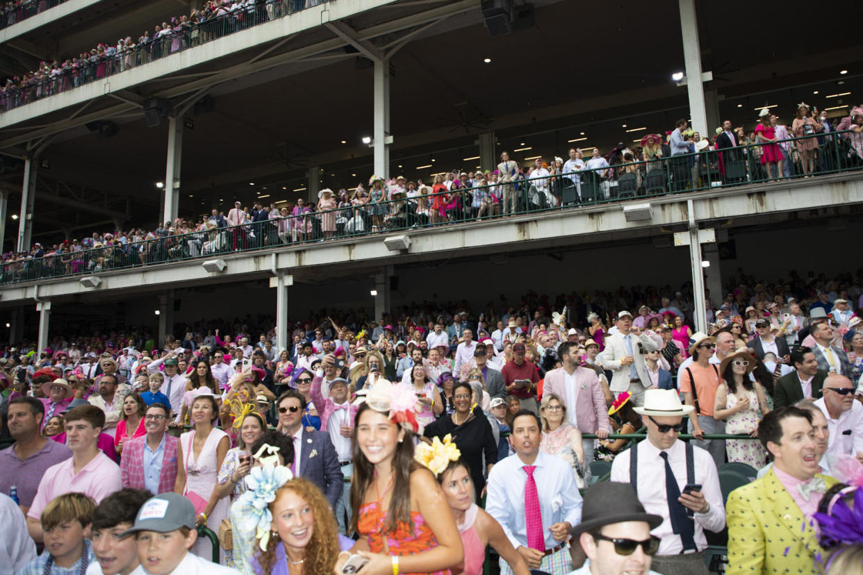 Hundreds of attendees in the grandstand. (Lili Kobielski for NBC News)
