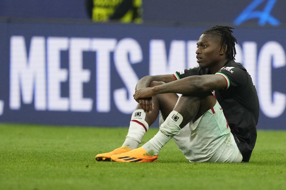 AC Milan's Rafael Leao looks dejected after the Champions League semifinal second leg soccer match between Inter Milan and AC Milan at the San Siro stadium in Milan, Italy, Tuesday, May 16, 2023. (AP Photo/Antonio Calanni)