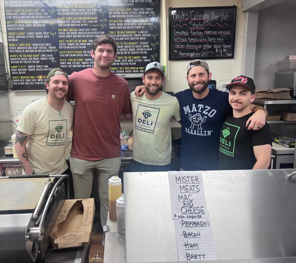 Guardians pitcher Gavin Williams (second from left) visits Diamond Deli in Akron this past summer and poses for a photo alongside (from left) Eric Brewer, Chad Magilavy, Brett Magilavy and Jack Haines.