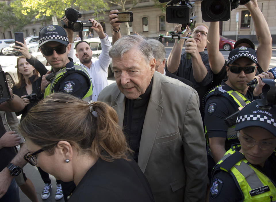 Cardinal George Pell arrives at the County Court in Melbourne, Australia, Wednesday, Feb. 27, 2019. The most senior Catholic cleric ever convicted of child sex abuse faces his first night in custody following a sentencing hearing on Wednesday that will decide his punishment for molesting two choirboys in a Melbourne cathedral two decades ago. (AP Photo/Andy Brownbill)