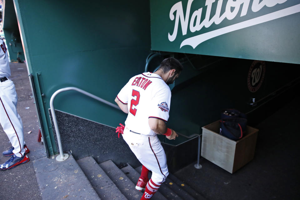 Adam Eaton’s surgery leaves a hole in the top of the Nationals’ batting order. (AP Photo/Alex Brandon)