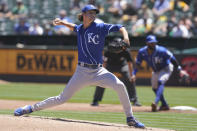 Kansas City Royals' Jackson Kowar pitches against the Oakland Athletics during the first inning of a baseball game in Oakland, Calif., Saturday, June 12, 2021. (AP Photo/Jeff Chiu)