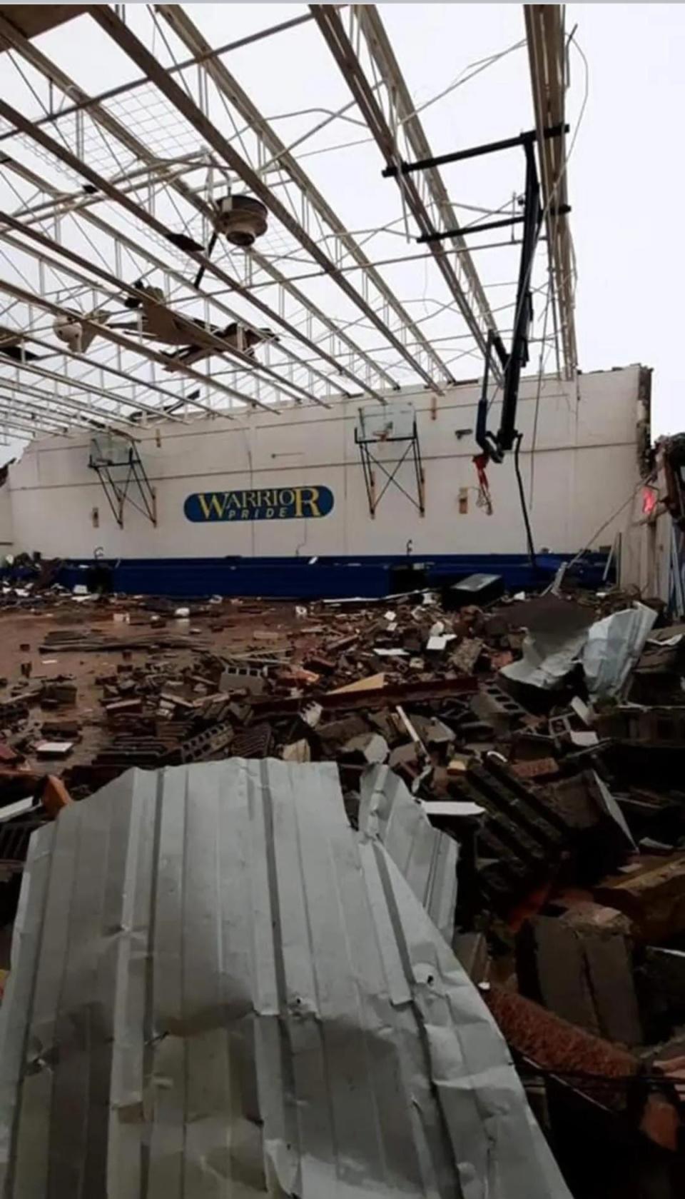 Damage to the Castlewood school gym caused by a Thursday evening tornado.