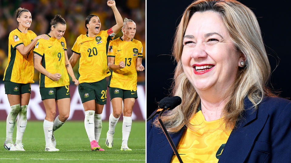 Annastacia Palaszczuk, pictured here alongside Matildas players.