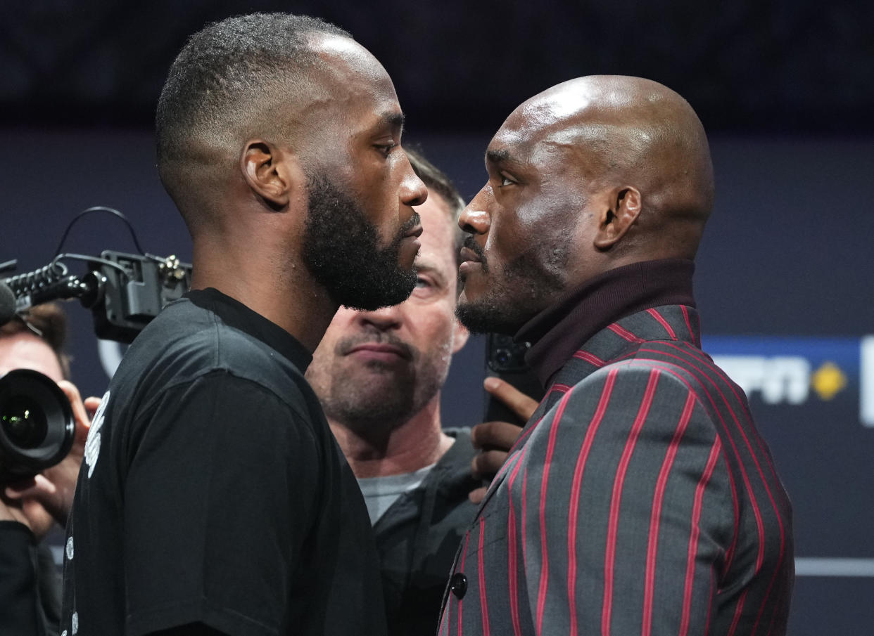 LONDON, ENGLAND - MARCH 16: (L-R) Opponents Leon Edwards of Jamaica and Kamaru Usman of Nigeria face off during the UFC 286 press conference at Magazine London on March 16, 2023 in London, England. (Photo by Jeff Bottari/Zuffa LLC via Getty Images)