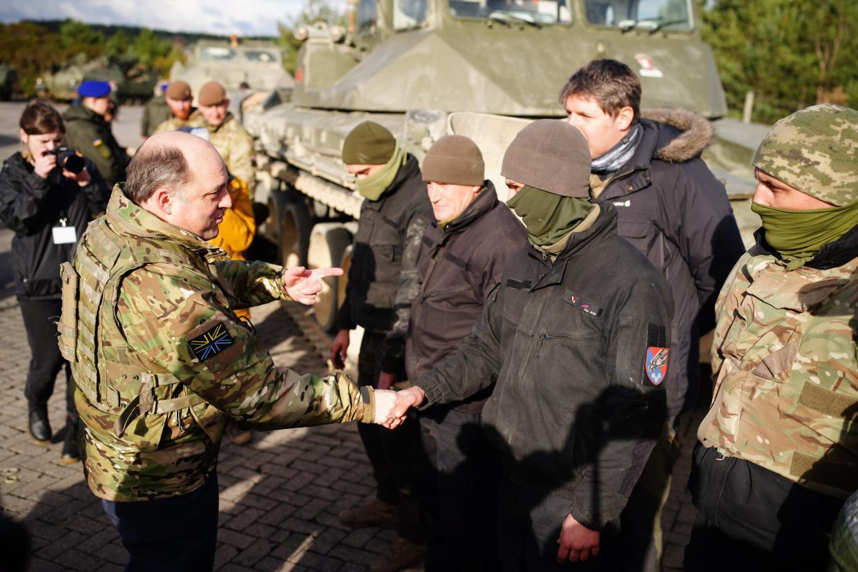 Defence secretary Ben Wallace meets Ukrainian soldiers during a visit to Bovington Camp in Bovington, Dorset (Getty Images)