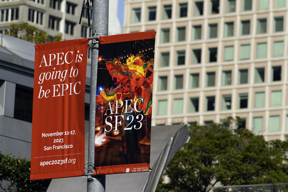 File - An APEC Summit sign welcomes visitors Friday, Nov. 10, 2023, in San Francisco. World leaders, including President Joe Biden and China’s Xi Jinping, CEOS, protesters and thousands of others will soon descend on San Francisco for the high-profile trade summit. (AP Photo/Godofredo A. Vásquez, File)