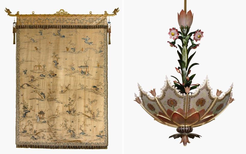 The Center Room features a newly restored glass chandelier, shaped to resemble a lotus flower, and two 18th century Chinese imperial silk wall hangings.