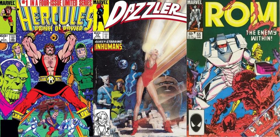 Marvel covers from 1984, for series Hercules, Dazzler, and ROM, all which outsold Superman and Batman comics.