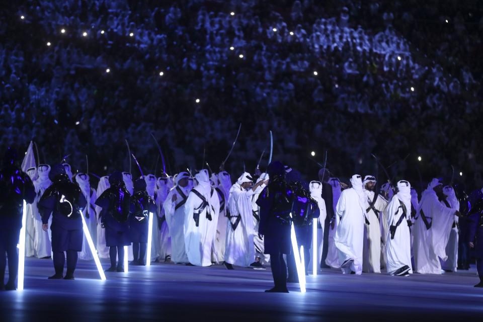 AL KHOR, QATAR - NOVEMBER 20: Dancers perform on stage during the opening ceremony of the FIFA World Cup Qatar 2022 Group A match between Qatar and Ecuador at Al Bayt Stadium on November 20, 2022 in Al Khor, Qatar. (Photo by James Williamson - AMA/Getty Images)