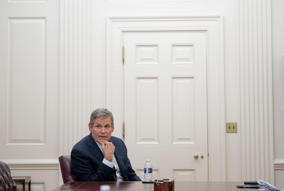 Gov. Bill Lee sits in his office on the first floor at the Tennessee State Capitol in Nashville, Tenn., Monday, Oct. 3, 2022.