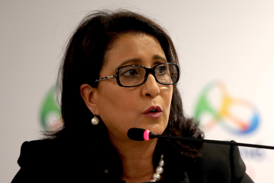 Nawal El Moutawakel, IOC Member from Morocco and Commission Chair, fields questions from the media at a press conference during a meeting of the IOC Coordination Committee at the Marapendi Windsor Hotel April 13, 2016 in Barra da Tijuca, Rio de Janeiro, Brazil.  (Photo by Matthew Stockman/Getty Images)