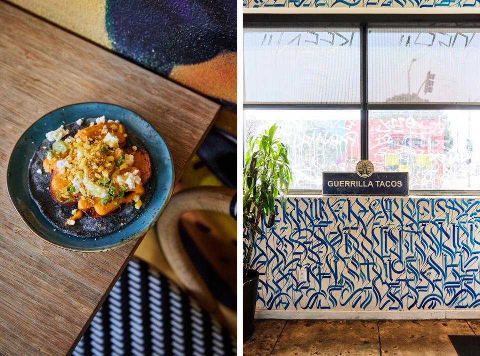 A taco on a blue plate, next to a photo of the interior of Guerrilla Tacos, which has a white wall featuring blue designs.