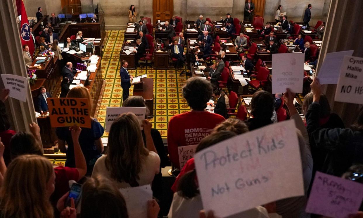 <span>Protesters at the House gallery at the Tennessee state capitol building in Nashville on Tuesday.</span><span>Photograph: Seth Herald/Reuters</span>