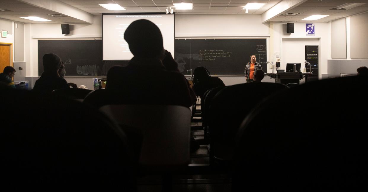 People speak during a teach-in hosted by the Young Democratic Socialist of America Purdue chapter in protest of former president George W. Bush visiting campus, Monday, Dec. 5, 2022, at Purdue University in West Lafayette, Ind. 