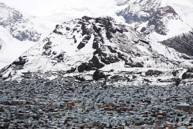 Zinc houses stand in La Rinconada in the Andes