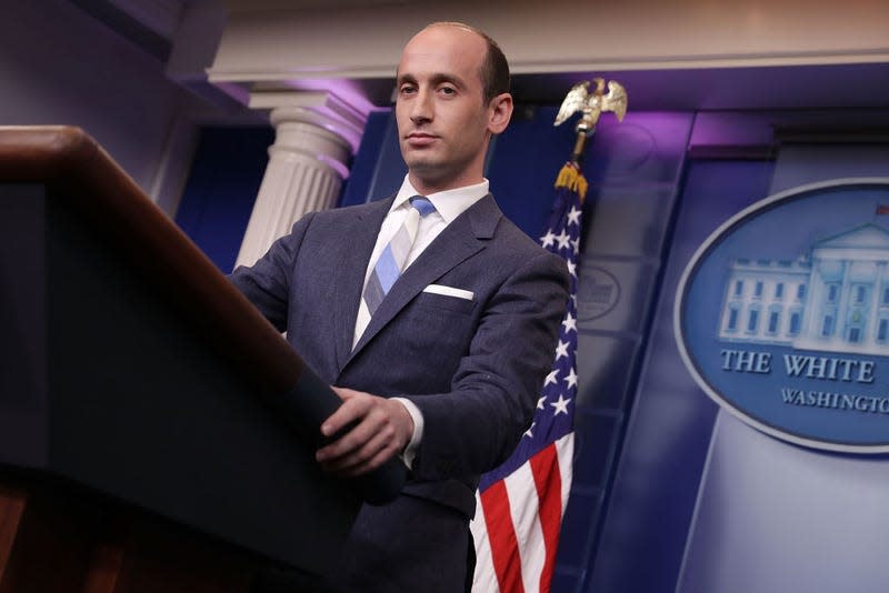 WASHINGTON, DC - AUGUST 02: Senior Advisor to the President for Policy Stephen Miller talks to reporters about President Donald Trump’s support for creating a ‘merit-based immigration system’ in the James Brady Press Briefing Room at the White House August 2, 2017, in Washington, DC. Earlier in the day, President Donald Trump signed bipartisan legislation into law placing new sanctions on Russia and reducing his ability to lift the sanctions on Moscow