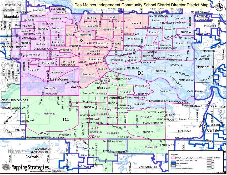 This map shows the boundaries for district representatives on the Des Moines School Board. Seats in District 1 and District 3 are up for election in November 2023. An at-large seat, which represents the entire district, also is up for election.