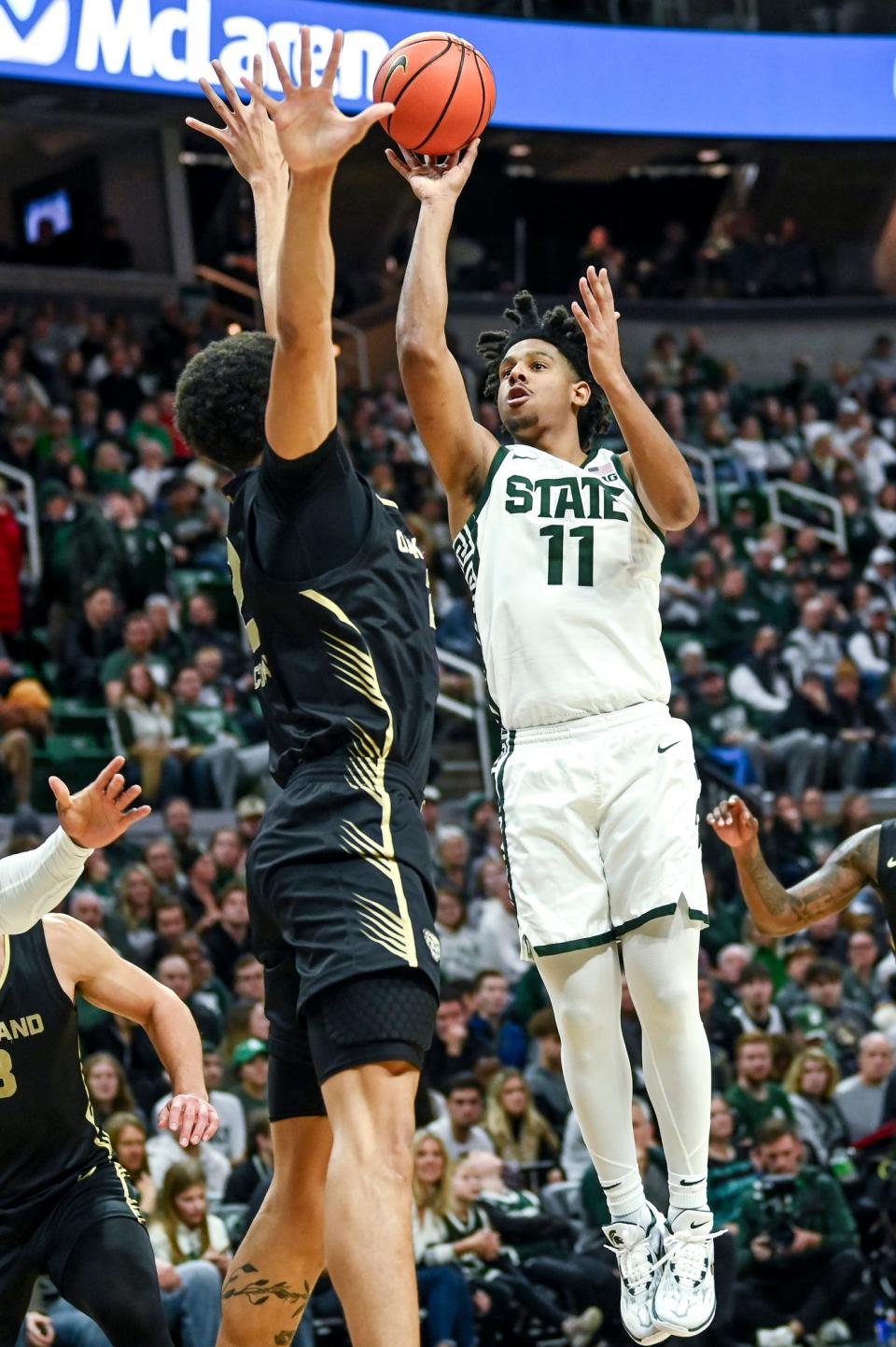 Michigan State's A.J. Hoggard scores against Oakland during the first half on Monday, Dec. 18, 2023, at the Breslin Center in East Lansing.