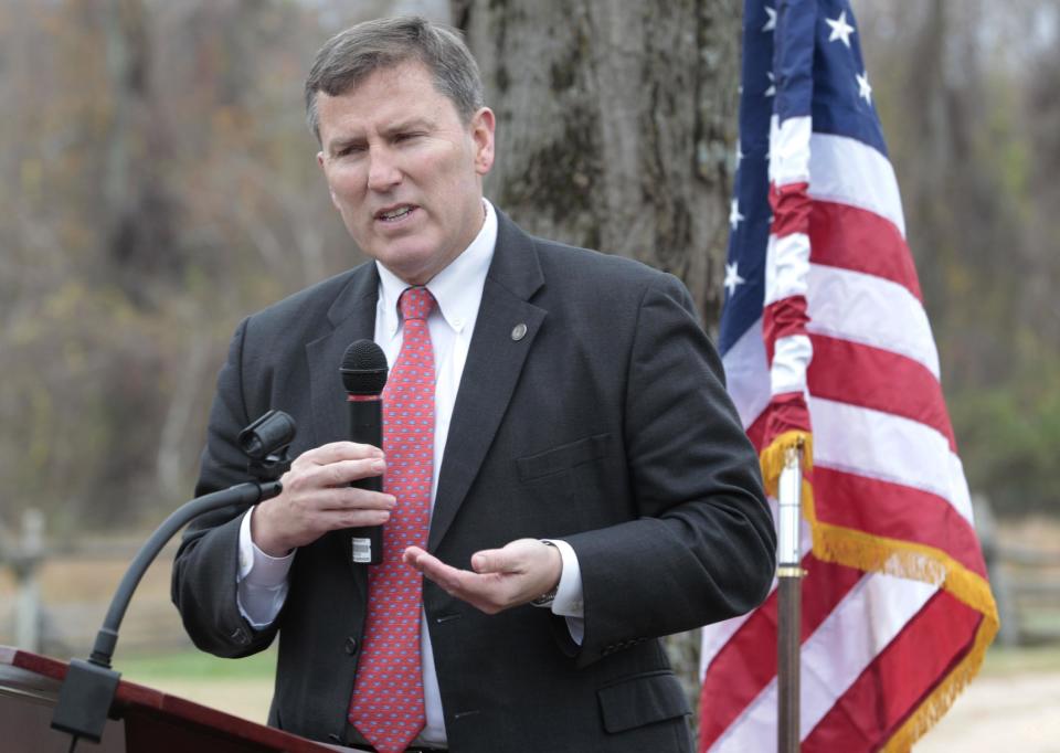 Virginia Secretary of Transportation, Sean T. Connaughton gestures during a news conference announcing the purchase of 285 acres of land at the Gaines Mill Civil War battlefield site Monday, Nov. 19, 2012 in Mechanicsville, Va. Gaines' Mill is where Gen. Robert E. Lee had his first major victory as commander of the Army of Northern Virginia. (AP Photo/Steve Helber)