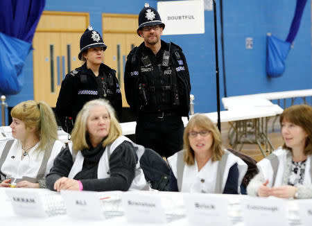 Police officers patrol during the Stoke Central by-election count in Stoke on Trent, February 23, 2017. REUTERS/Darren Staples