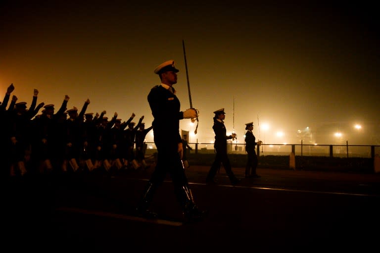 <p>Indian Army personnel march during a rehearsal for the forthcoming Republic Day parade on a foggy winter morning at Rajpath in New Delhi on January 5, 2016. India will celebrate its 67th Republic Day on January 26 with a large military parade. </p>