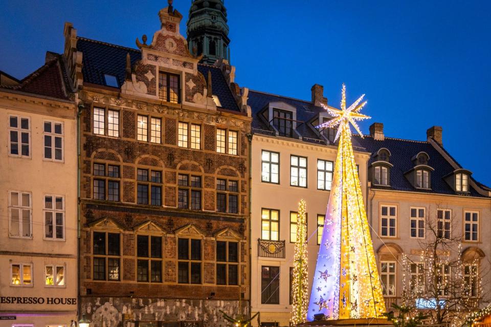 this is a photo of a christmas tree and architecture in copenhagen, denmark