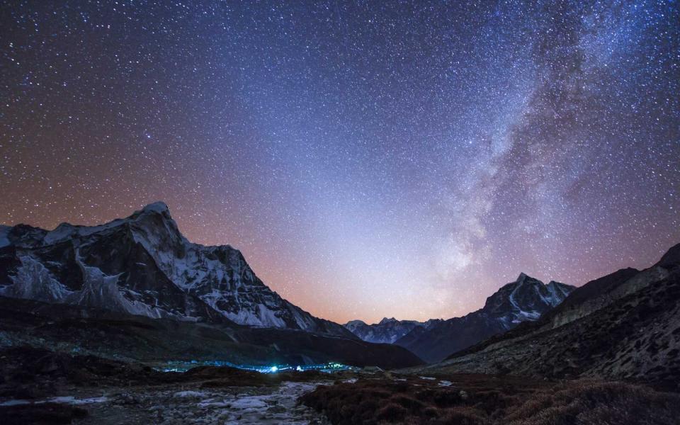 Milky Way and zodiacal light above the Himalayas in eastern Nepal.