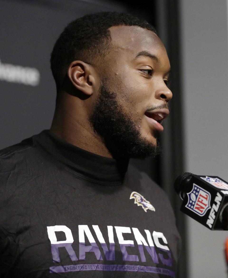 FILE - In this Dec. 13, 2016, file photo, Baltimore Ravens linebacker Zachary Orr speaks to the media following an NFL football game against the New England Patriots, in Foxborough, Mass. Orr announced his retirement, Friday, Jan. 20, 2017, after learning he has a congenital spinal condition. (AP Photo/Steven Senne, File)