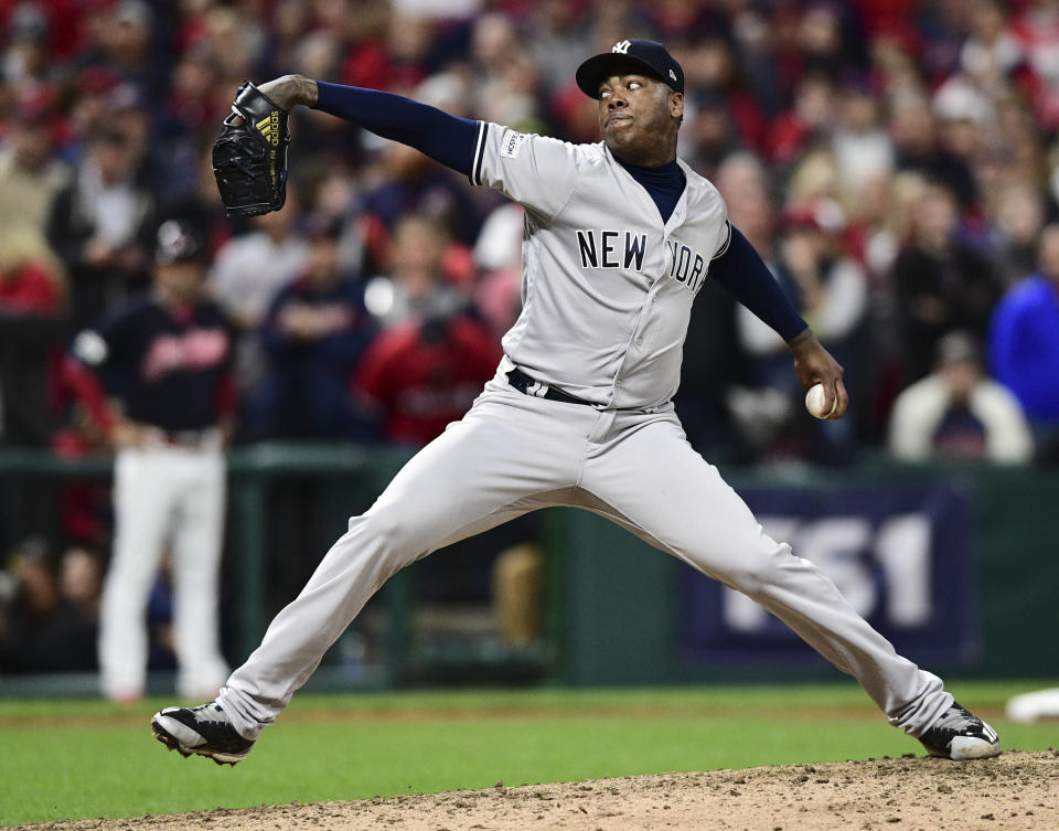 Aroldis Chapman pitched the final two innings of Game 5 for the save. (AP)