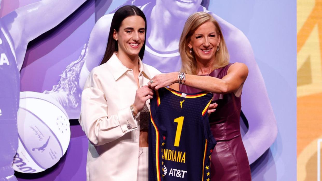 <div>FILE-Caitlin Clark poses with WNBA Commissioner Cathy Engelbert after being selected first overall pick by the Indiana Fever during the 2024 WNBA Draft at Brooklyn Academy of Music on April 15, 2024 in New York City. (Photo by Sarah Stier/Getty Images)</div>