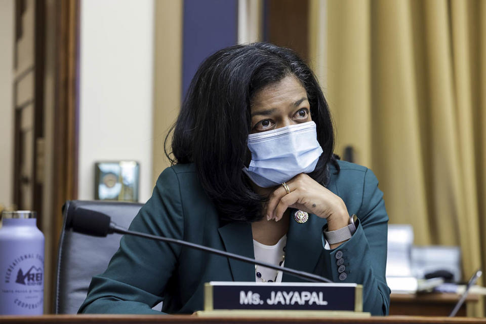 FILE - In this July 29, 2020 file photo, Rep. Pramila Jayapal, D-Wash., speaks during a House Judiciary subcommittee hearing on antitrust on Capitol Hill in Washington. A second Democratic member of the House who was forced to go into lockdown during last week’s violent protest has tested positive for COVID-19. Rep. Pramila Jayapal of Washington says she has tested positive. She criticized Republican members of Congress who declined to wear a mask when it was offered to them. (Graeme Jennings/Pool via AP)