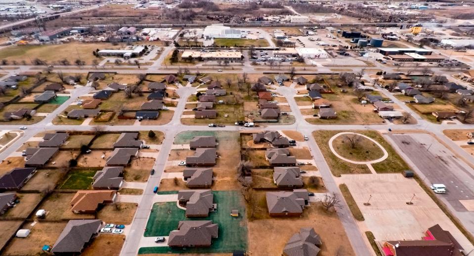 Homes in the JFK neighborhood, pictured in 2021, near NE 4 and Bath Avenue are just north of the Derichebourg Recycling USA facility, top center, in Oklahoma City.